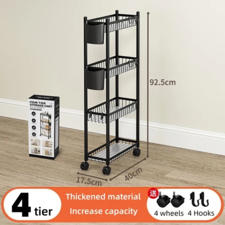 Chariot de rangement à roulettes, 4 niveaux, en métal, étagère de cuisine, noir – Image 6