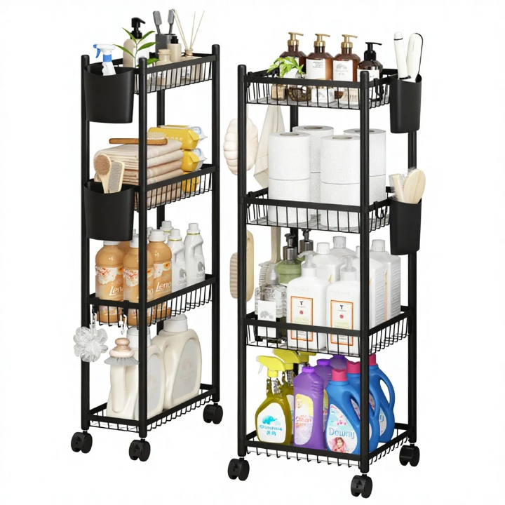 Chariot de rangement à roulettes, 4 niveaux, en métal, étagère de cuisine, noir – Image 4
