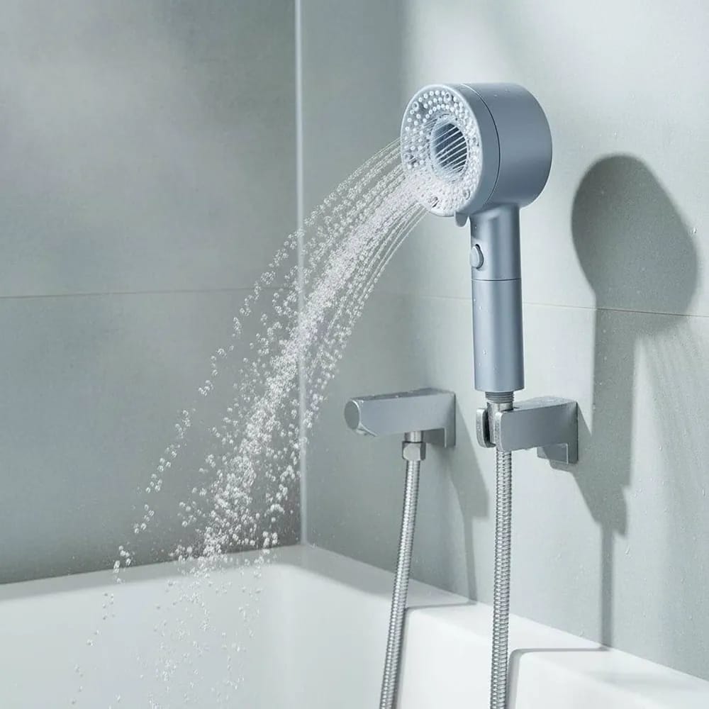 Douchette à main haute pression avec plusieurs jets, buses anti-obstruction, installation universelle sans outil, idéale pour les enfants, spa à domicile, pommeau, base et flexible.